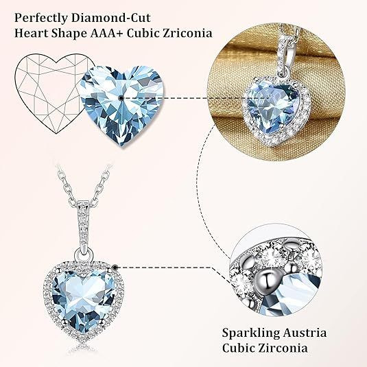 Sparkling 925 Sterling Silver Birthstone Necklaces for Women, Created Heart/Round/Teardrop/Square Crystal Solitaire Pendant Diamond Necklace, Great Birthday/Anniversary/Wedding Gifts