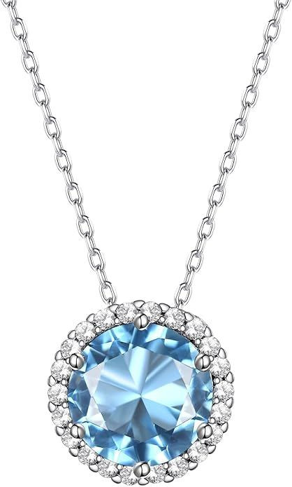 Sparkling 925 Sterling Silver Birthstone Necklaces for Women, Created Heart/Round/Teardrop/Square Crystal Solitaire Pendant Diamond Necklace, Great Birthday/Anniversary/Wedding Gifts