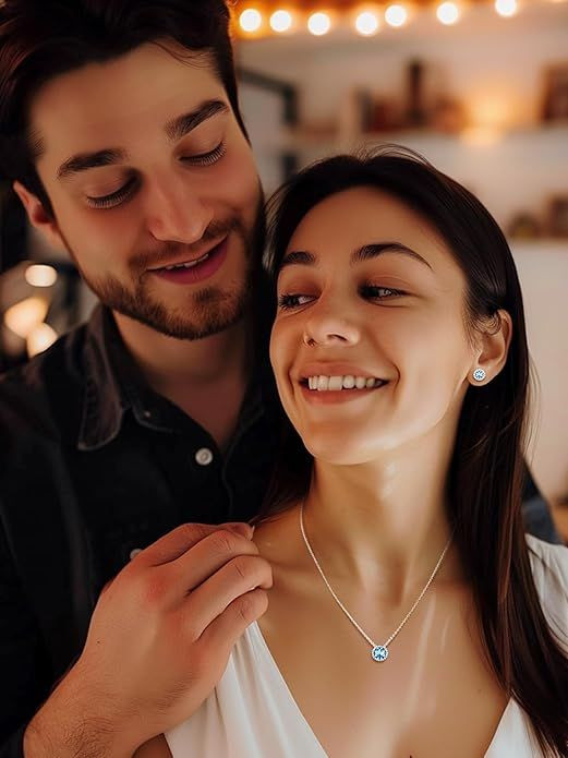 Sparkling 925 Sterling Silver Birthstone Necklaces for Women, Created Heart/Round/Teardrop/Square Crystal Solitaire Pendant Diamond Necklace, Great Birthday/Anniversary/Wedding Gifts