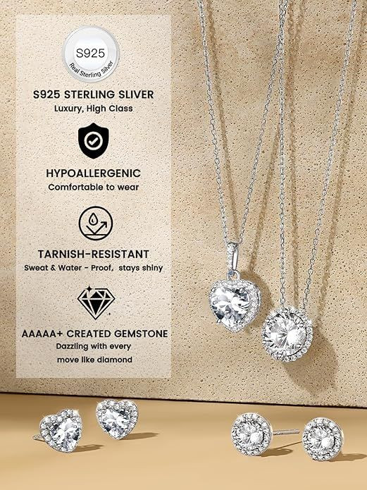 Sparkling 925 Sterling Silver Birthstone Necklaces for Women, Created Heart/Round/Teardrop/Square Crystal Solitaire Pendant Diamond Necklace, Great Birthday/Anniversary/Wedding Gifts