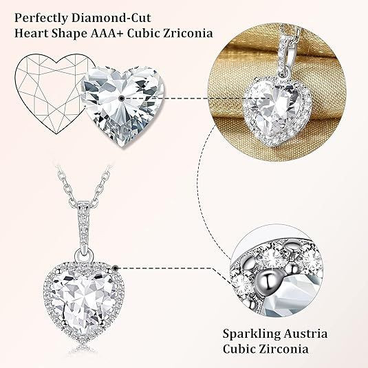 Sparkling 925 Sterling Silver Birthstone Necklaces for Women, Created Heart/Round/Teardrop/Square Crystal Solitaire Pendant Diamond Necklace, Great Birthday/Anniversary/Wedding Gifts