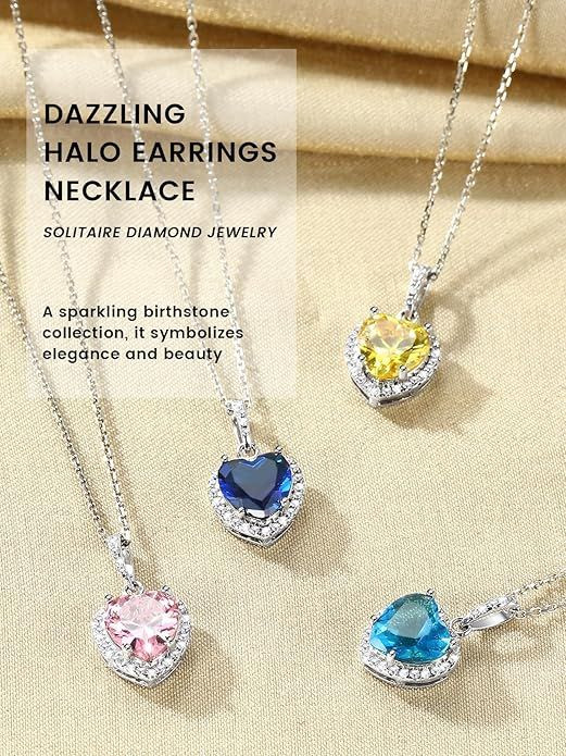 Sparkling 925 Sterling Silver Birthstone Necklaces for Women, Created Heart/Round/Teardrop/Square Crystal Solitaire Pendant Diamond Necklace, Great Birthday/Anniversary/Wedding Gifts