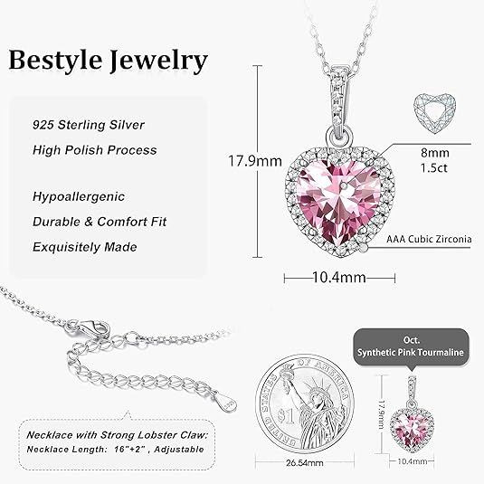 Sparkling 925 Sterling Silver Birthstone Necklaces for Women, Created Heart/Round/Teardrop/Square Crystal Solitaire Pendant Diamond Necklace, Great Birthday/Anniversary/Wedding Gifts