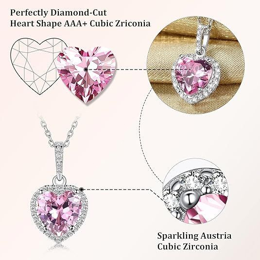 Sparkling 925 Sterling Silver Birthstone Necklaces for Women, Created Heart/Round/Teardrop/Square Crystal Solitaire Pendant Diamond Necklace, Great Birthday/Anniversary/Wedding Gifts