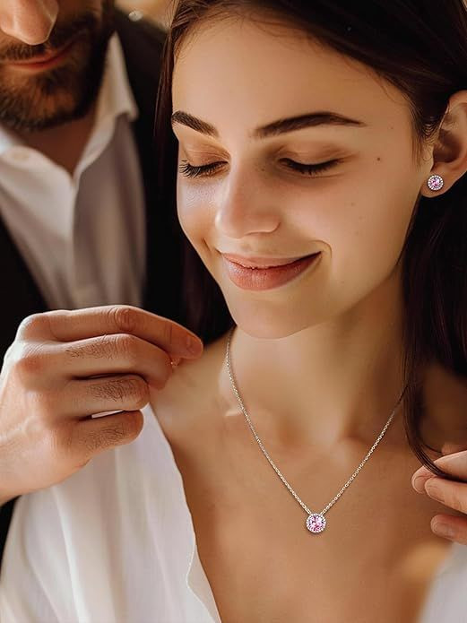 Sparkling 925 Sterling Silver Birthstone Necklaces for Women, Created Heart/Round/Teardrop/Square Crystal Solitaire Pendant Diamond Necklace, Great Birthday/Anniversary/Wedding Gifts