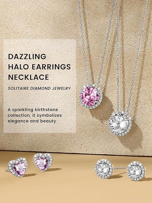 Sparkling 925 Sterling Silver Birthstone Necklaces for Women, Created Heart/Round/Teardrop/Square Crystal Solitaire Pendant Diamond Necklace, Great Birthday/Anniversary/Wedding Gifts