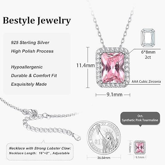 Sparkling 925 Sterling Silver Birthstone Necklaces for Women, Created Heart/Round/Teardrop/Square Crystal Solitaire Pendant Diamond Necklace, Great Birthday/Anniversary/Wedding Gifts