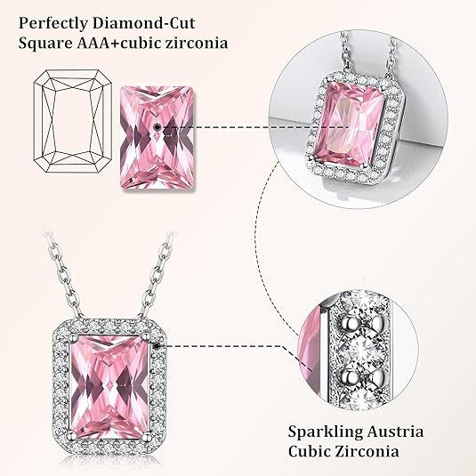 Sparkling 925 Sterling Silver Birthstone Necklaces for Women, Created Heart/Round/Teardrop/Square Crystal Solitaire Pendant Diamond Necklace, Great Birthday/Anniversary/Wedding Gifts