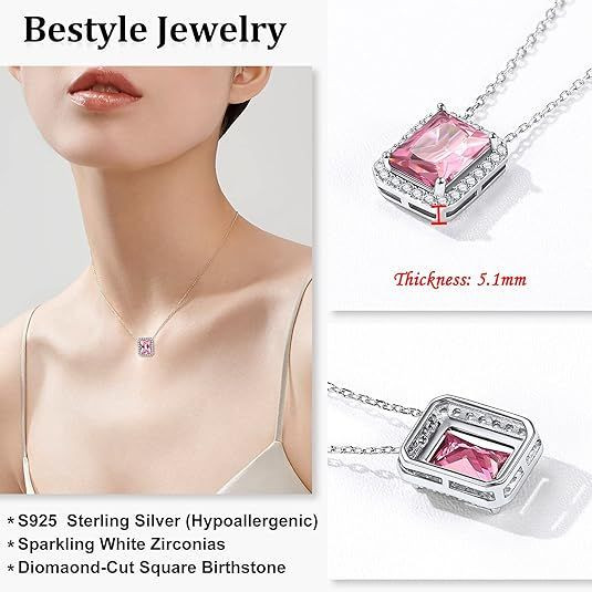 Sparkling 925 Sterling Silver Birthstone Necklaces for Women, Created Heart/Round/Teardrop/Square Crystal Solitaire Pendant Diamond Necklace, Great Birthday/Anniversary/Wedding Gifts