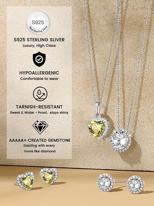 Sparkling 925 Sterling Silver Birthstone Necklaces for Women, Created Heart/Round/Teardrop/Square Crystal Solitaire Pendant Diamond Necklace, Great Birthday/Anniversary/Wedding Gifts