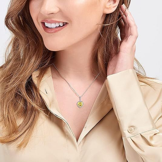 Sparkling 925 Sterling Silver Birthstone Necklaces for Women, Created Heart/Round/Teardrop/Square Crystal Solitaire Pendant Diamond Necklace, Great Birthday/Anniversary/Wedding Gifts