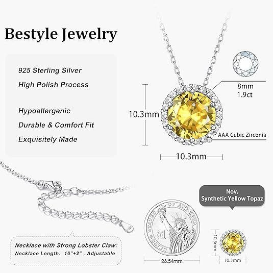 Sparkling 925 Sterling Silver Birthstone Necklaces for Women, Created Heart/Round/Teardrop/Square Crystal Solitaire Pendant Diamond Necklace, Great Birthday/Anniversary/Wedding Gifts