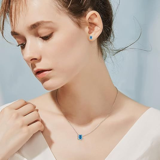 Sparkling 925 Sterling Silver Birthstone Necklaces for Women, Created Heart/Round/Teardrop/Square Crystal Solitaire Pendant Diamond Necklace, Great Birthday/Anniversary/Wedding Gifts