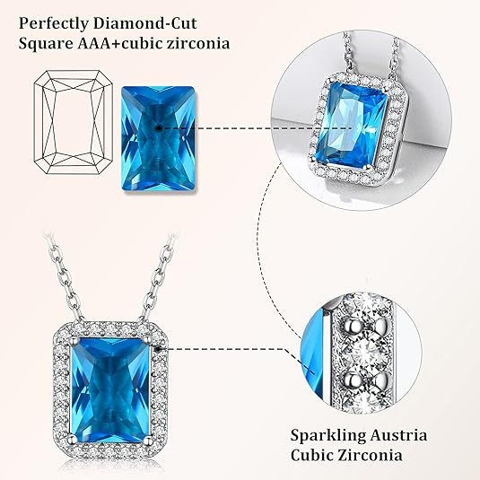 Sparkling 925 Sterling Silver Birthstone Necklaces for Women, Created Heart/Round/Teardrop/Square Crystal Solitaire Pendant Diamond Necklace, Great Birthday/Anniversary/Wedding Gifts
