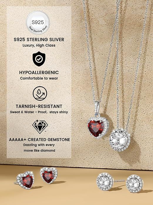 Sparkling 925 Sterling Silver Birthstone Necklaces for Women, Created Heart/Round/Teardrop/Square Crystal Solitaire Pendant Diamond Necklace, Great Birthday/Anniversary/Wedding Gifts