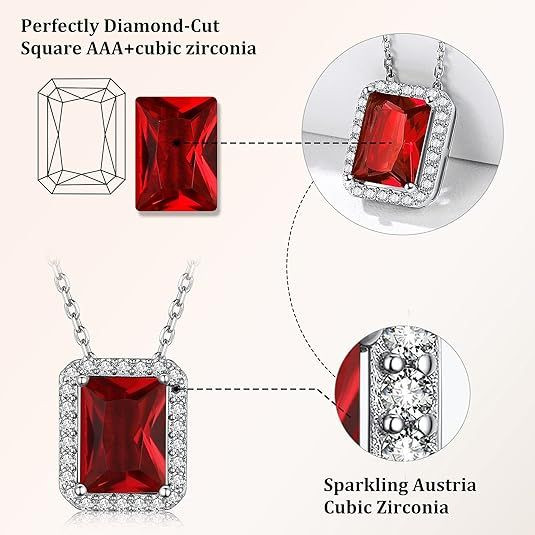 Sparkling 925 Sterling Silver Birthstone Necklaces for Women, Created Heart/Round/Teardrop/Square Crystal Solitaire Pendant Diamond Necklace, Great Birthday/Anniversary/Wedding Gifts