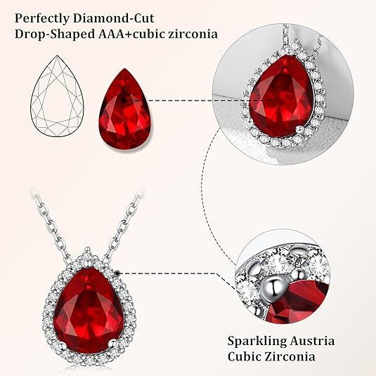 Sparkling 925 Sterling Silver Birthstone Necklaces for Women, Created Heart/Round/Teardrop/Square Crystal Solitaire Pendant Diamond Necklace, Great Birthday/Anniversary/Wedding Gifts