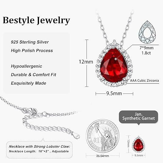 Sparkling 925 Sterling Silver Birthstone Necklaces for Women, Created Heart/Round/Teardrop/Square Crystal Solitaire Pendant Diamond Necklace, Great Birthday/Anniversary/Wedding Gifts