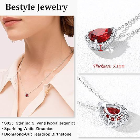 Sparkling 925 Sterling Silver Birthstone Necklaces for Women, Created Heart/Round/Teardrop/Square Crystal Solitaire Pendant Diamond Necklace, Great Birthday/Anniversary/Wedding Gifts