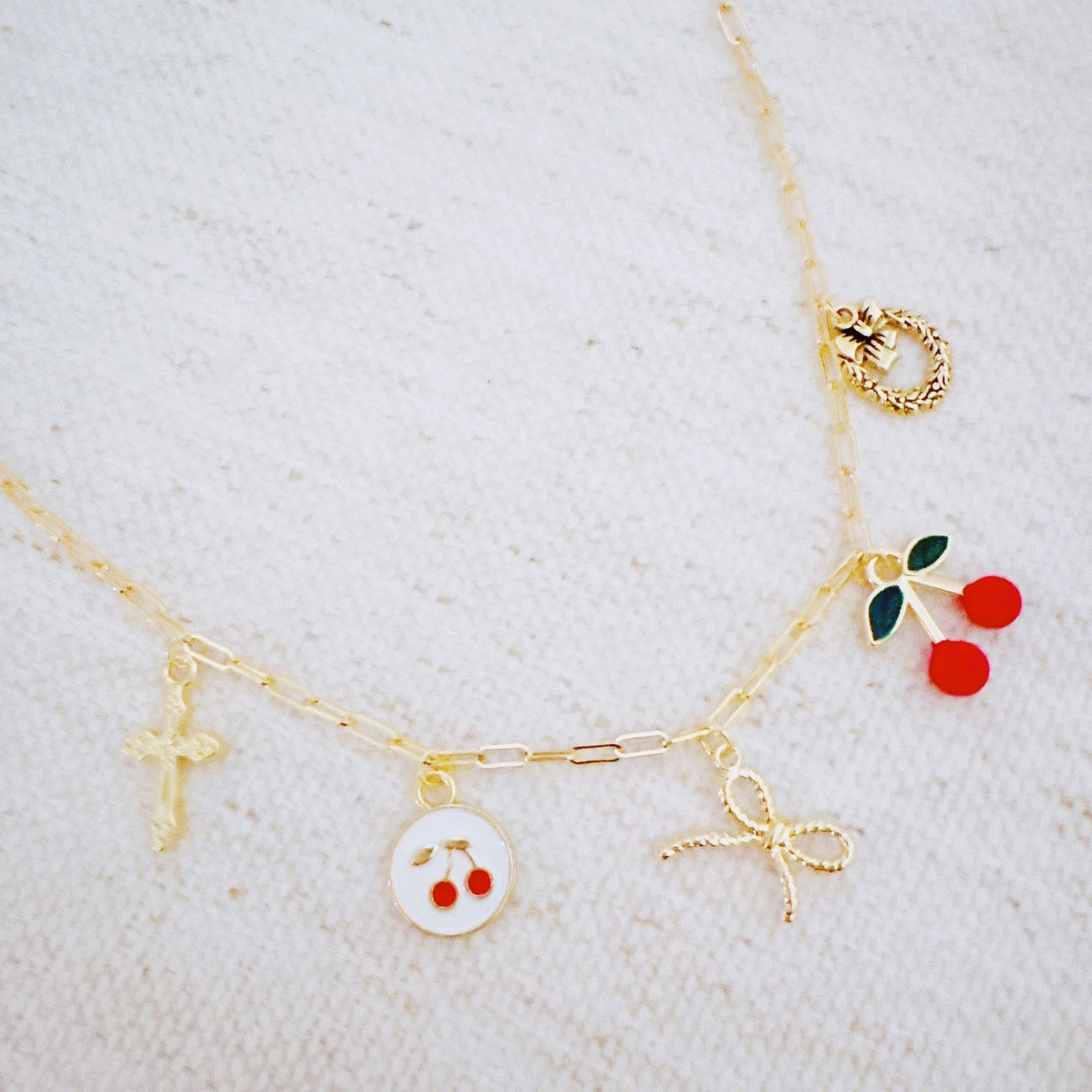 Cherry Chic Charm Necklace – Bow, Cross & More