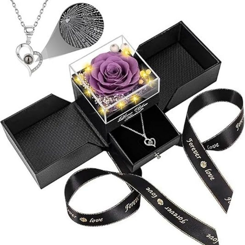 Preserved Real Rose with Heart Necklace I Love You in 100 Languages,Romantic Valentine's Day Gifts for Her