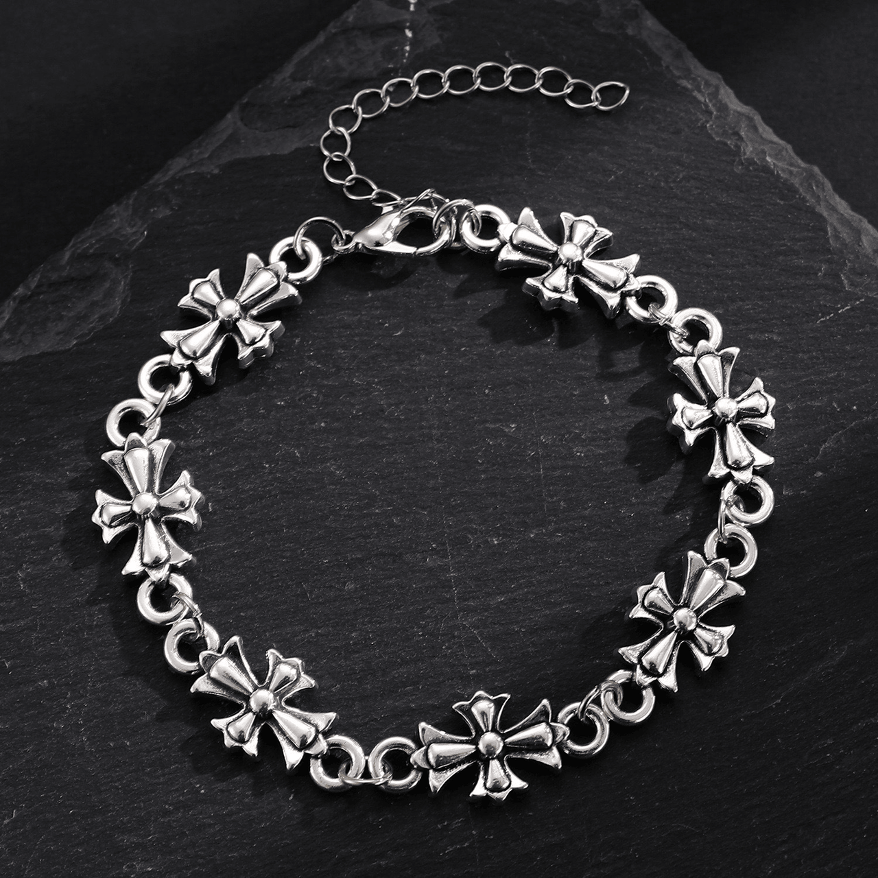 Vintage Gothic Cross Flower Chain Bracelet For Men Women, Punk Hip Hop Retro Silver Plated Stainless Steel Link Bracelet, Rock Streetwear Adjustable Wristband Jewelry Gift