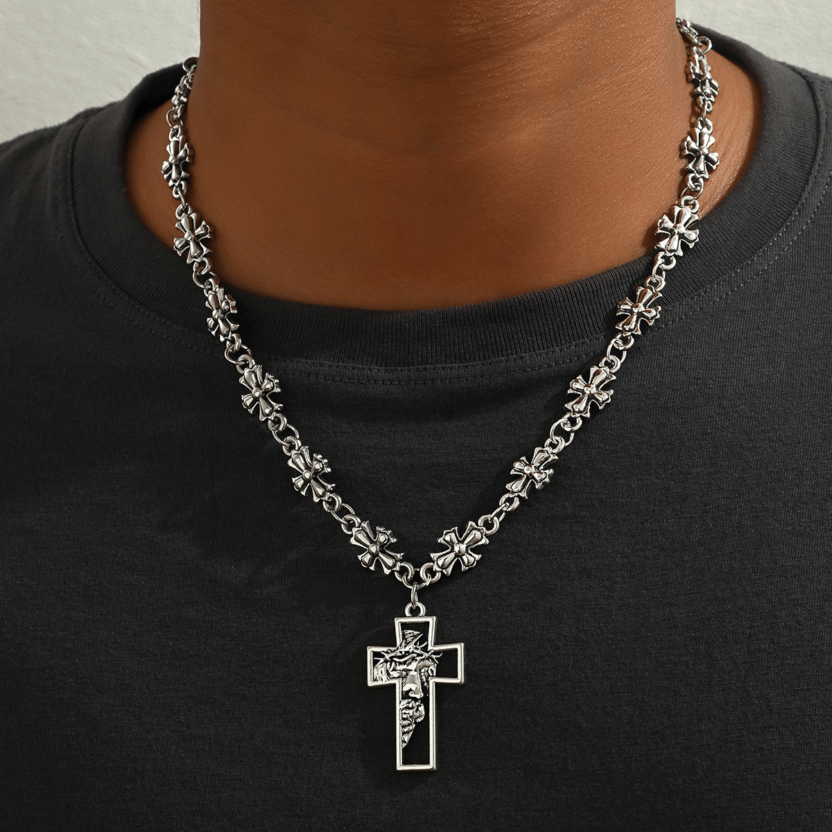 Vintage Gothic Cross Flower Chain Bracelet For Men Women, Punk Hip Hop Retro Silver Plated Stainless Steel Link Bracelet, Rock Streetwear Adjustable Wristband Jewelry Gift