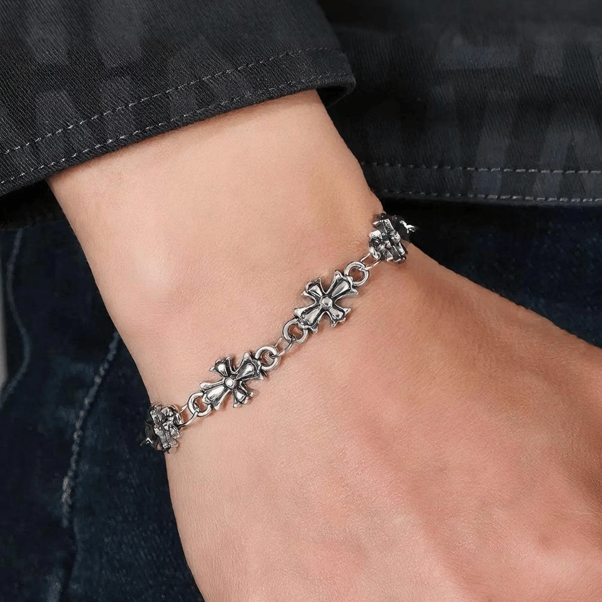 Vintage Gothic Cross Flower Chain Bracelet For Men Women, Punk Hip Hop Retro Silver Plated Stainless Steel Link Bracelet, Rock Streetwear Adjustable Wristband Jewelry Gift