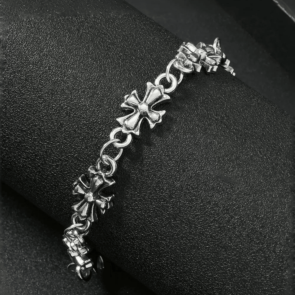 Vintage Gothic Cross Flower Chain Bracelet For Men Women, Punk Hip Hop Retro Silver Plated Stainless Steel Link Bracelet, Rock Streetwear Adjustable Wristband Jewelry Gift