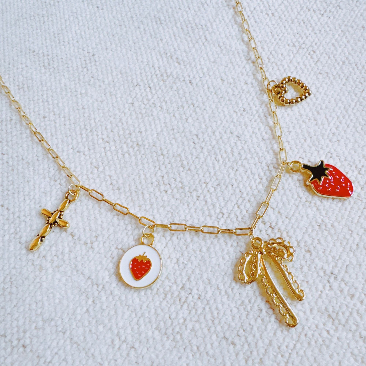 Berry Cute Charm Necklace – Strawberry, Bow & Heart