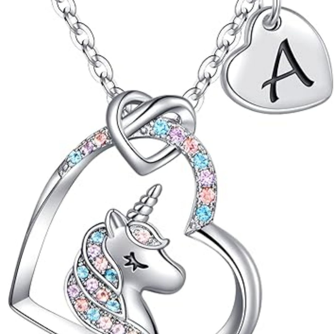 Easter Basket Stuffers - Easter Gifts for Kids Girls, Unicorn Necklace Gifts for Teen Girls Kid, Colorful CZ Heart Pendant Initial Unicorn Necklaces for Girl Jewelry Birthday Gift for Girl Kid