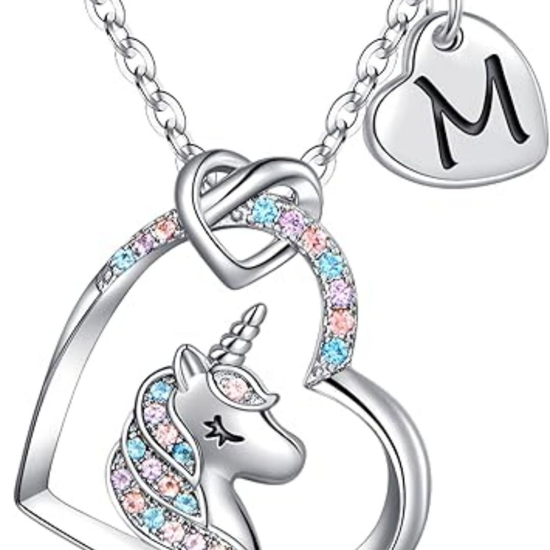 Easter Basket Stuffers - Easter Gifts for Kids Girls, Unicorn Necklace Gifts for Teen Girls Kid, Colorful CZ Heart Pendant Initial Unicorn Necklaces for Girl Jewelry Birthday Gift for Girl Kid