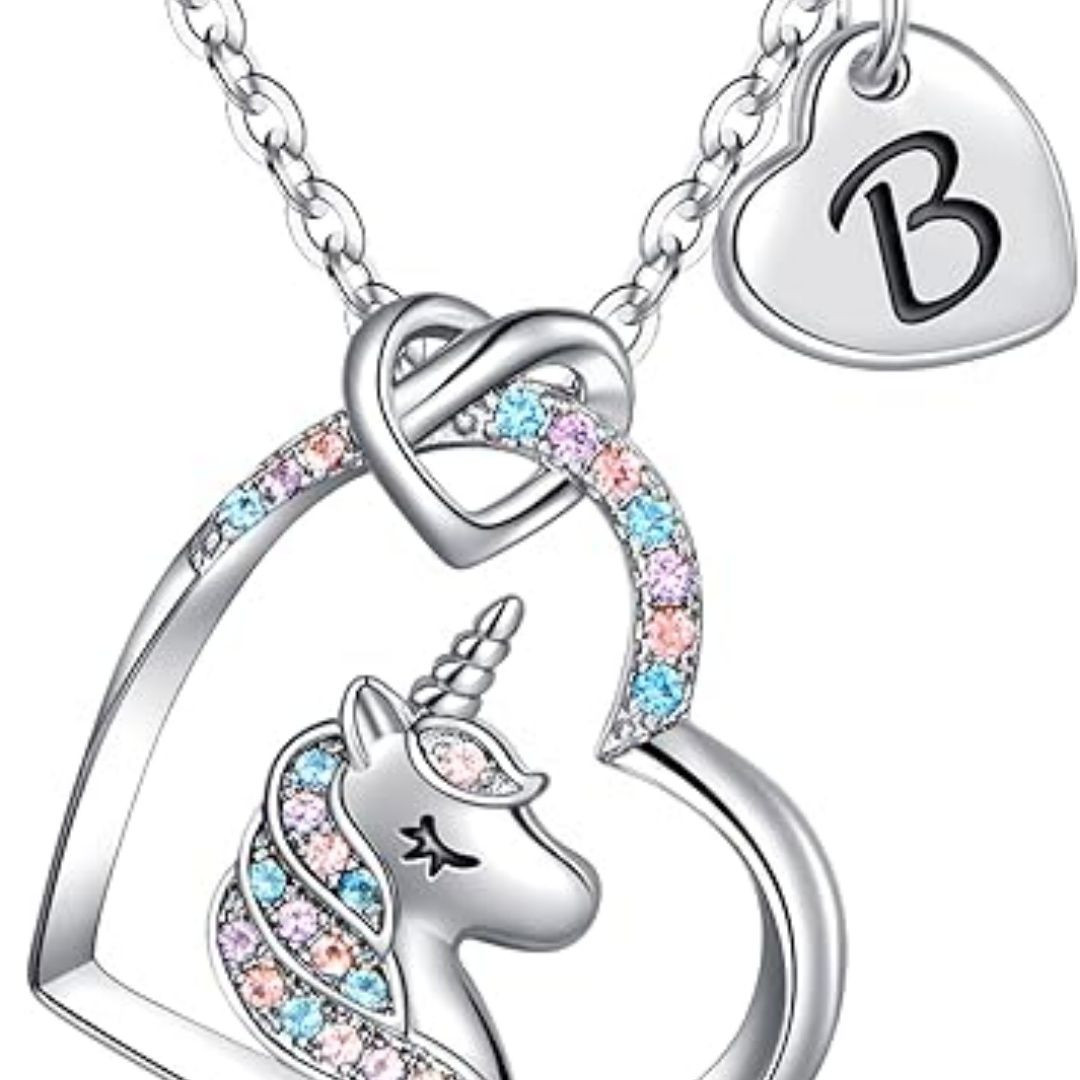 Easter Basket Stuffers - Easter Gifts for Kids Girls, Unicorn Necklace Gifts for Teen Girls Kid, Colorful CZ Heart Pendant Initial Unicorn Necklaces for Girl Jewelry Birthday Gift for Girl Kid