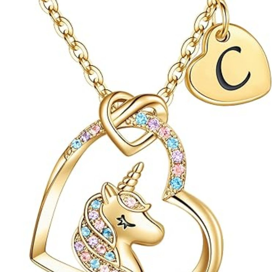 Easter Basket Stuffers - Easter Gifts for Kids Girls, Unicorn Necklace Gifts for Teen Girls Kid, Colorful CZ Heart Pendant Initial Unicorn Necklaces for Girl Jewelry Birthday Gift for Girl Kid