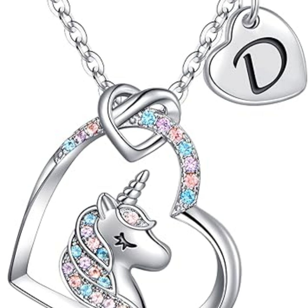 Easter Basket Stuffers - Easter Gifts for Kids Girls, Unicorn Necklace Gifts for Teen Girls Kid, Colorful CZ Heart Pendant Initial Unicorn Necklaces for Girl Jewelry Birthday Gift for Girl Kid