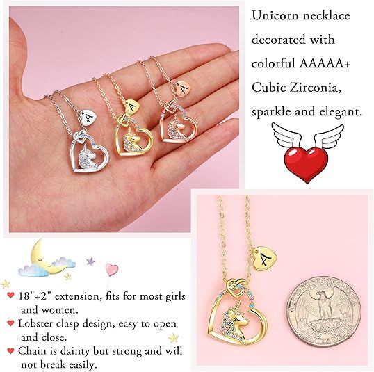 Easter Basket Stuffers - Easter Gifts for Kids Girls, Unicorn Necklace Gifts for Teen Girls Kid, Colorful CZ Heart Pendant Initial Unicorn Necklaces for Girl Jewelry Birthday Gift for Girl Kid