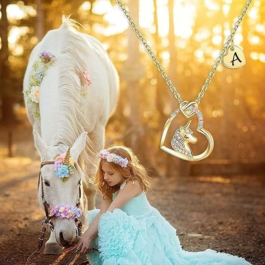 Easter Basket Stuffers - Easter Gifts for Kids Girls, Unicorn Necklace Gifts for Teen Girls Kid, Colorful CZ Heart Pendant Initial Unicorn Necklaces for Girl Jewelry Birthday Gift for Girl Kid