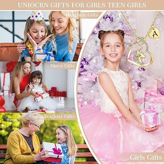 Easter Basket Stuffers - Easter Gifts for Kids Girls, Unicorn Necklace Gifts for Teen Girls Kid, Colorful CZ Heart Pendant Initial Unicorn Necklaces for Girl Jewelry Birthday Gift for Girl Kid