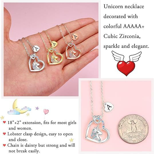 Easter Basket Stuffers - Easter Gifts for Kids Girls, Unicorn Necklace Gifts for Teen Girls Kid, Colorful CZ Heart Pendant Initial Unicorn Necklaces for Girl Jewelry Birthday Gift for Girl Kid