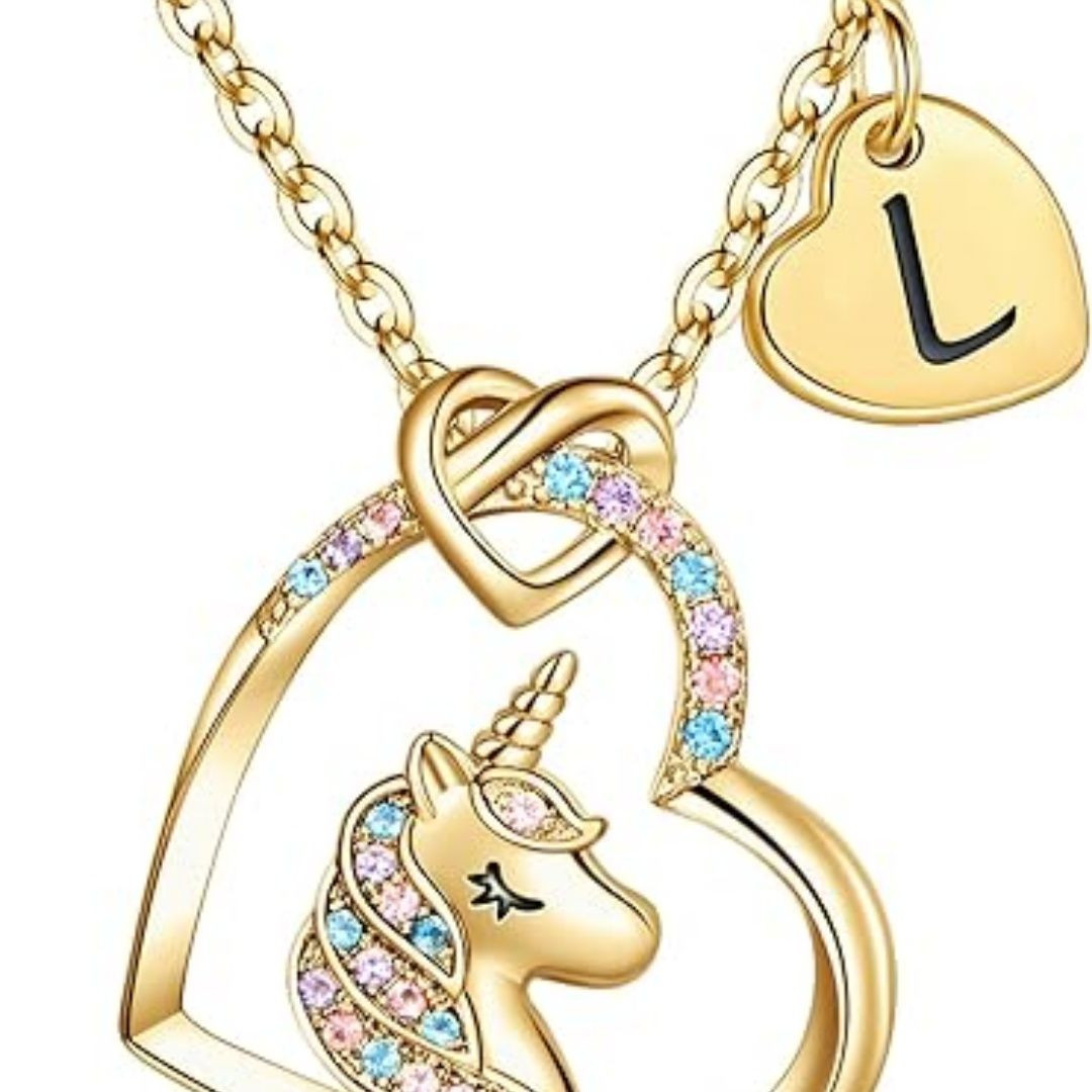 Easter Basket Stuffers - Easter Gifts for Kids Girls, Unicorn Necklace Gifts for Teen Girls Kid, Colorful CZ Heart Pendant Initial Unicorn Necklaces for Girl Jewelry Birthday Gift for Girl Kid