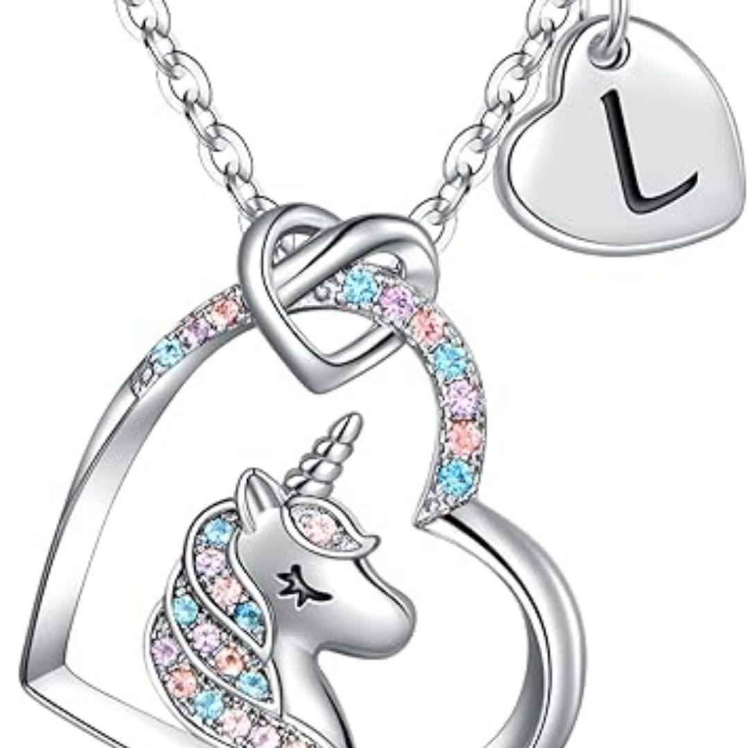 Easter Basket Stuffers - Easter Gifts for Kids Girls, Unicorn Necklace Gifts for Teen Girls Kid, Colorful CZ Heart Pendant Initial Unicorn Necklaces for Girl Jewelry Birthday Gift for Girl Kid
