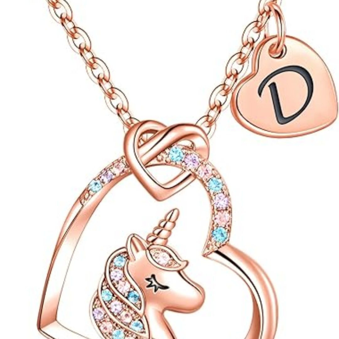 Easter Basket Stuffers - Easter Gifts for Kids Girls, Unicorn Necklace Gifts for Teen Girls Kid, Colorful CZ Heart Pendant Initial Unicorn Necklaces for Girl Jewelry Birthday Gift for Girl Kid