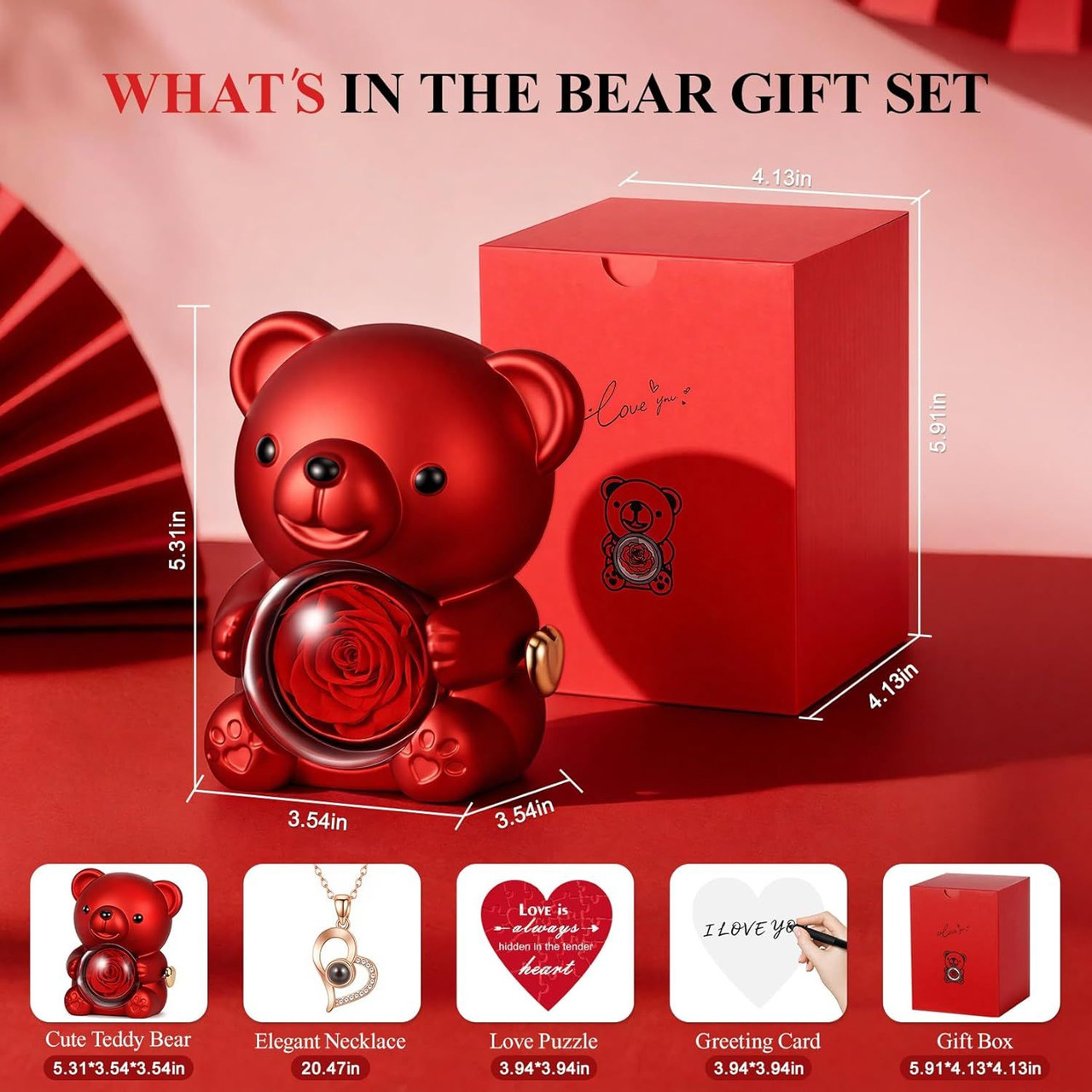 Valentine's Day Cute Teddy Bear with Preserved Rose, Hidden Surprise Necklace Rotating Gift Box Valentines Day Gifts for Her, Romantic Eternal Rose Flowers for Birthday, Wedding, Anniversary,
