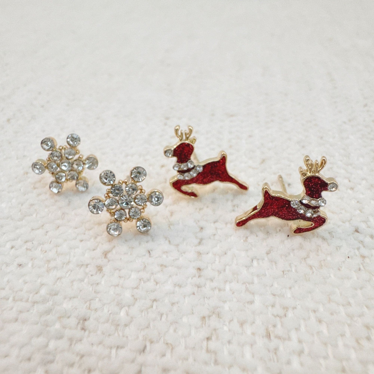 Reindeer And Snowflake Stud Earring Set Of 2 – Holiday Sparkle