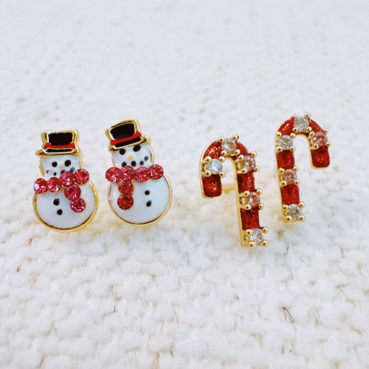 Candy Cane & Snowman Stud Earring Set Of 2 - Holiday Sparkle
