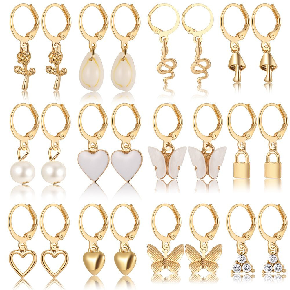 12 Pairs Of Lady Earrings Butterfly Mushroom Lock Faux Pearl Love Earring Set Fashion Earrings Gift for Women