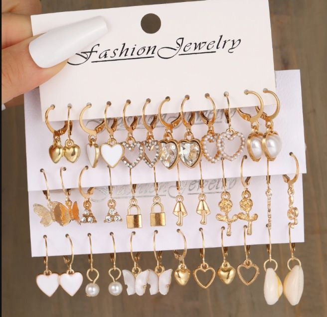 12 Pairs Of Lady Earrings Butterfly Mushroom Lock Faux Pearl Love Earring Set Fashion Earrings Gift for Women