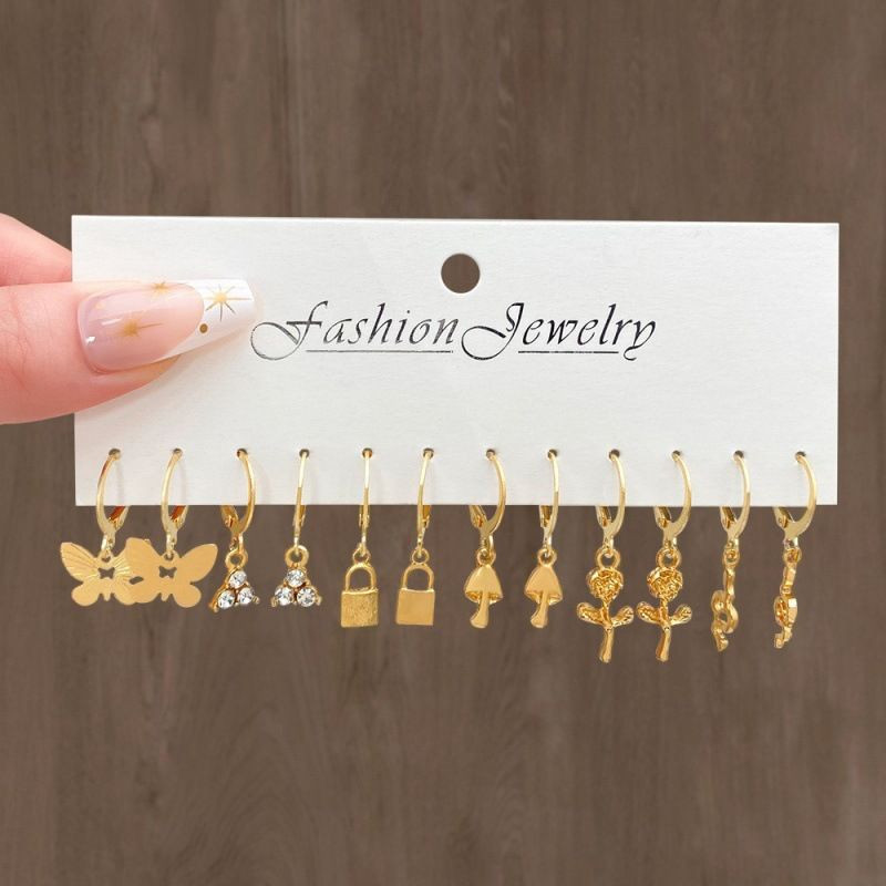 12 Pairs Of Lady Earrings Butterfly Mushroom Lock Faux Pearl Love Earring Set Fashion Earrings Gift for Women