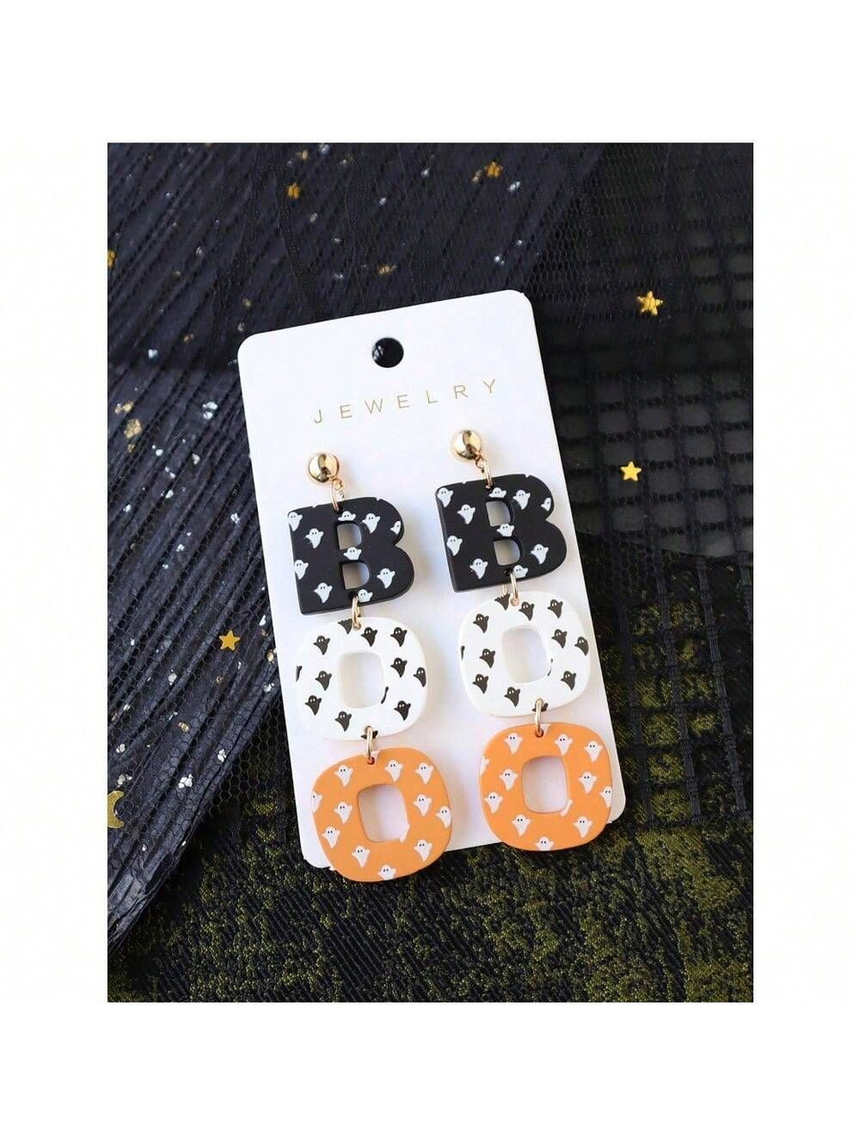 1pair Halloween Ghost Printed Acrylic & Polymer Clay BOO Earrings, Fun And Cute Party Ear Accessories, Holiday Gift