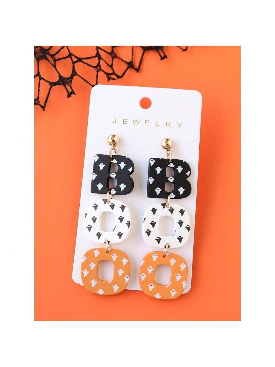1pair Halloween Ghost Printed Acrylic & Polymer Clay BOO Earrings, Fun And Cute Party Ear Accessories, Holiday Gift
